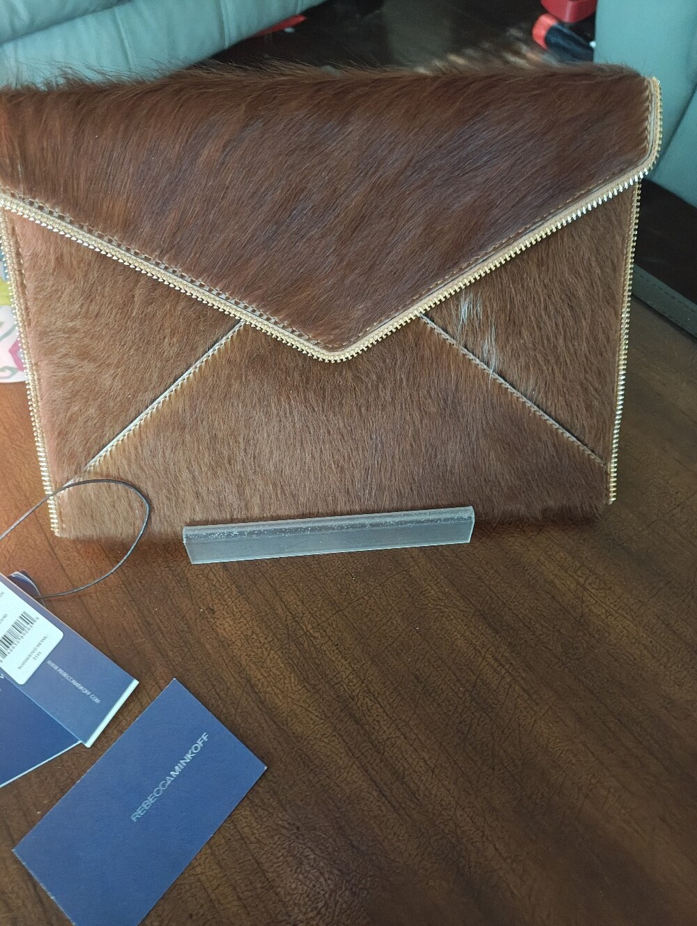 Rebecca Minkoff Calf Hair Envelope Clutch in Brown with Gold Trim - Picture 3 of 10
